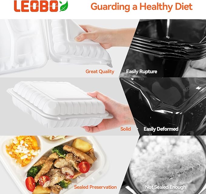 Takeout Container Mineral Filled PP Plastic - 55 Pack 8 Inch 34oz | Shrink Wrap BPA Free Food Container | Freezer & Microwave Safe for Food Delivery | White 3 Compartment Disposable Lunch Boxes