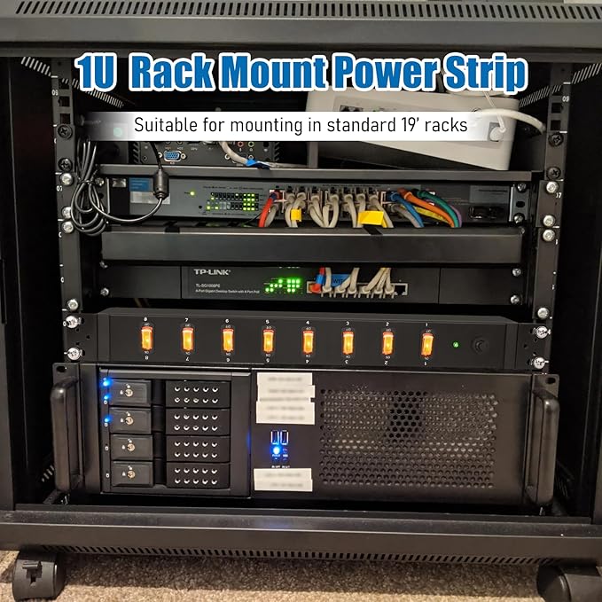 HHSOET 1U Rack Mount Surge Protection, 8 Outlet PDU Power Strip, Metal Mountable Outlet Strip with Switch, 15ft Power Cord.