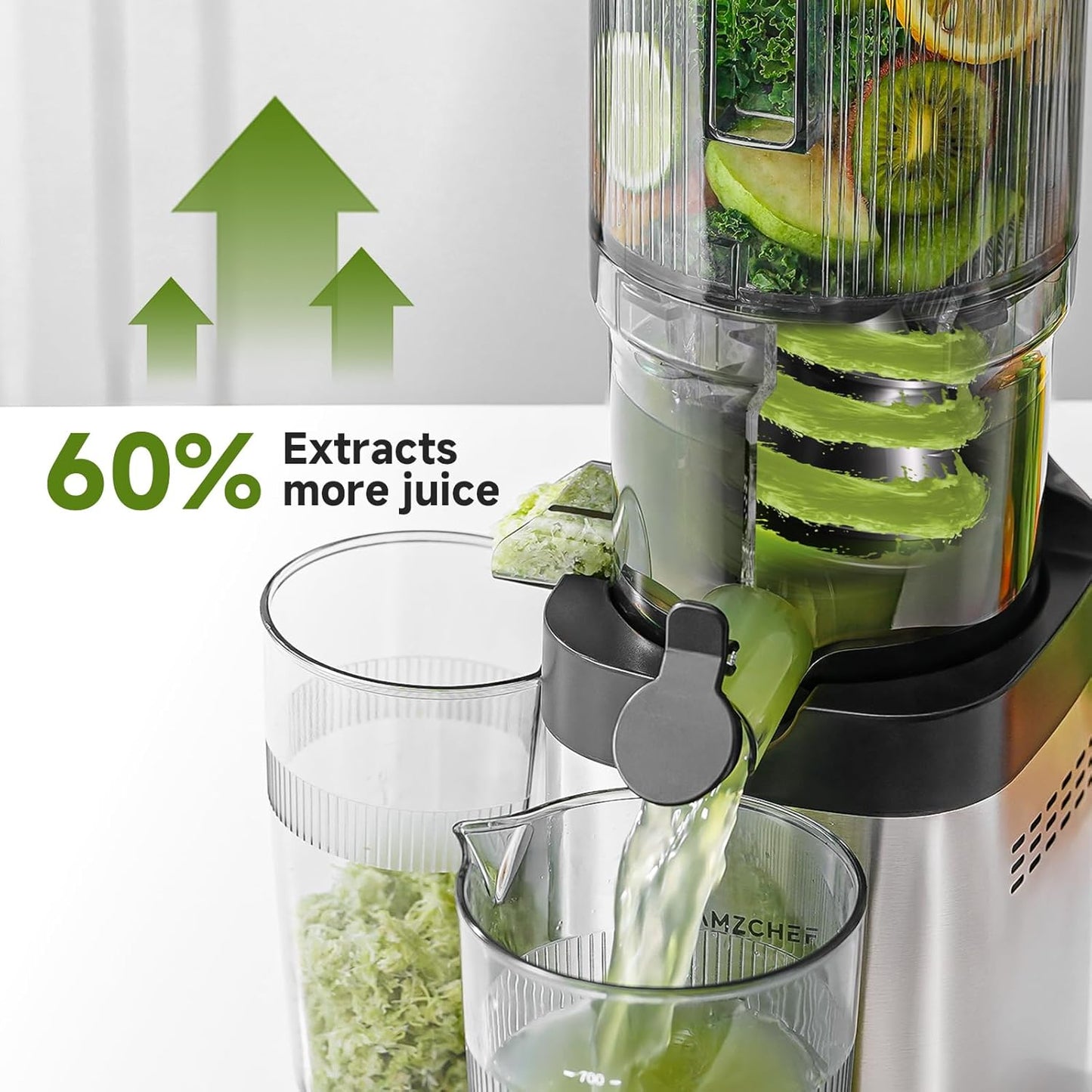 AMZCHEF Cold Press Juicer, Juicers Machines - 5.4" Large Feed Chute for Whole Fruits & Vegetables, Stainless Steel Slow Masticating Juice Easy to Clean, Large Auger, Triple Strainers, Silver