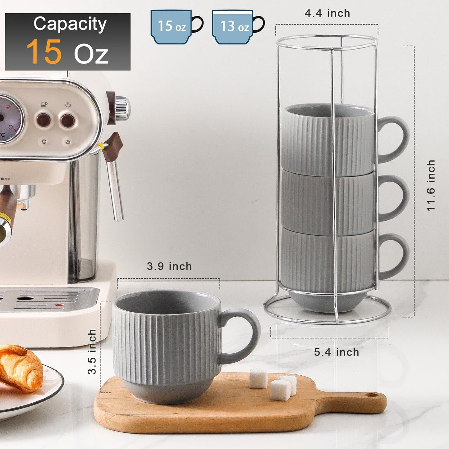 Hasense Coffee Mugs Set, Stacking Tea Cups Set of 4 with Holder - 15 oz Large Ceramic Ribbed Latte Cup Set for Cappuccino, Tea, Hot Cocoa, Drinks - Dishwasher & Microwave Safe, Grey