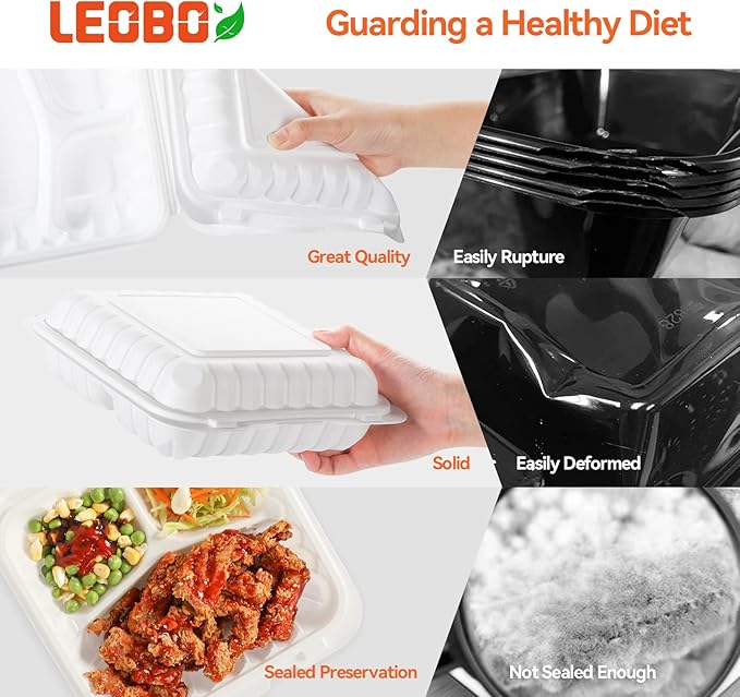 Food Containers Mineral Filled PP Plastic - 7.8 Inch 30oz 65 Pack BPA Free 3 Compartments Shrink Wrap To Go Boxes | Freezer & Microwave Safe for Takeout | White Reusable & Disposable Container