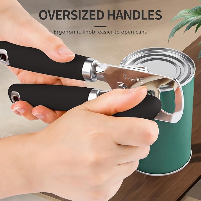 Can Opener Manual, Heavy Duty Stainless Steel Smooth Edge Can Opener With Soft Touch Handle, Oversized Handheld Easy Turn Knob, Multi-Function Bottle Opener, Black