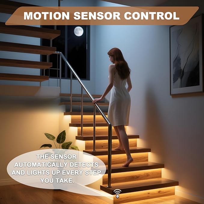 Intelligent 12-Step Motion Sensor Stair Light for Indoor, 40 inches Long Cuttable Motion Lights for Stairs (12 Stairs,3000K)