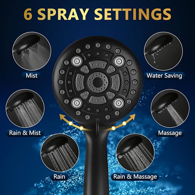 6 Spray Modes Steam Shower System Upgraded 5 Inches Shower Head with Handheld Spray Premium Black Handheld Shower Head 60 Inches Stainless Steel Hose-1-Min Install