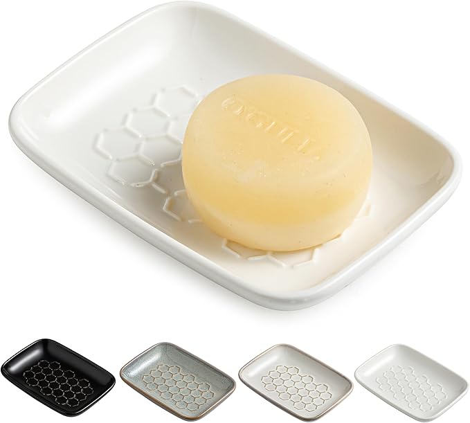 Gomakren Soap Dish for Shower, Bar Soap Holder, Ceramic Soap Dishes for Bar Soap, Sponge Holder Soap Saver Soap Tray for Bathroom Kitchen Sink, 5.5 Inch, White