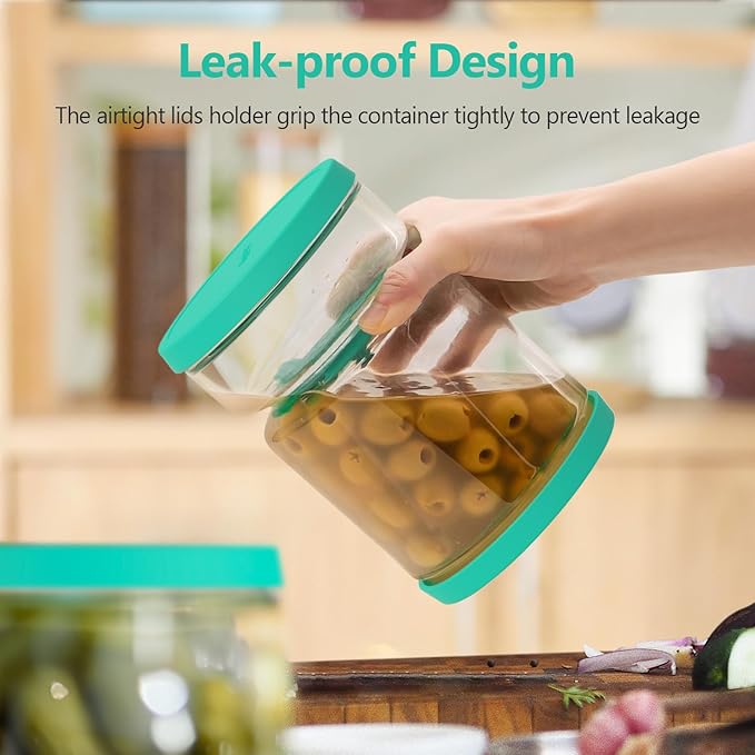Glass Pickle Jar with Strainer for Pickle Lover - 50 oz Airtight Olive Container with Silicone Lids, Kitchen Organization Must-Have Versatile Hourglass Jar, BPA-Free, Dishwasher Safe (Green)
