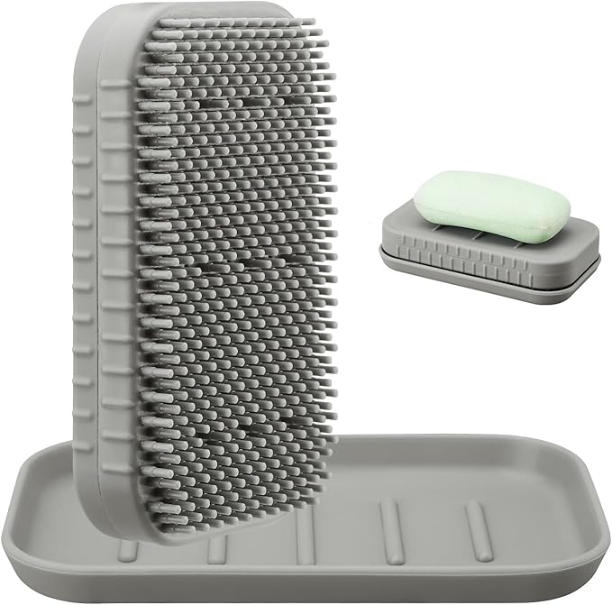 2-in-1 Silicone Soap Holder & Brush Set with Built-in Soap Saver Compartment, Includes a leak-proof soap tray+body brush, Unbreakable&Noise-Free, Soap Dish with Soft Brush, Brush with Soap Dish (grey)