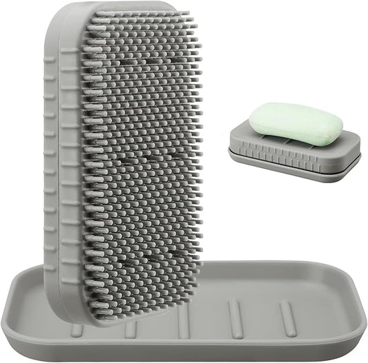 2-in-1 Silicone Soap Holder & Brush Set with Built-in Soap Saver Compartment, Includes a leak-proof soap tray+body brush, Unbreakable&Noise-Free, Soap Dish with Soft Brush, Brush with Soap Dish (grey)