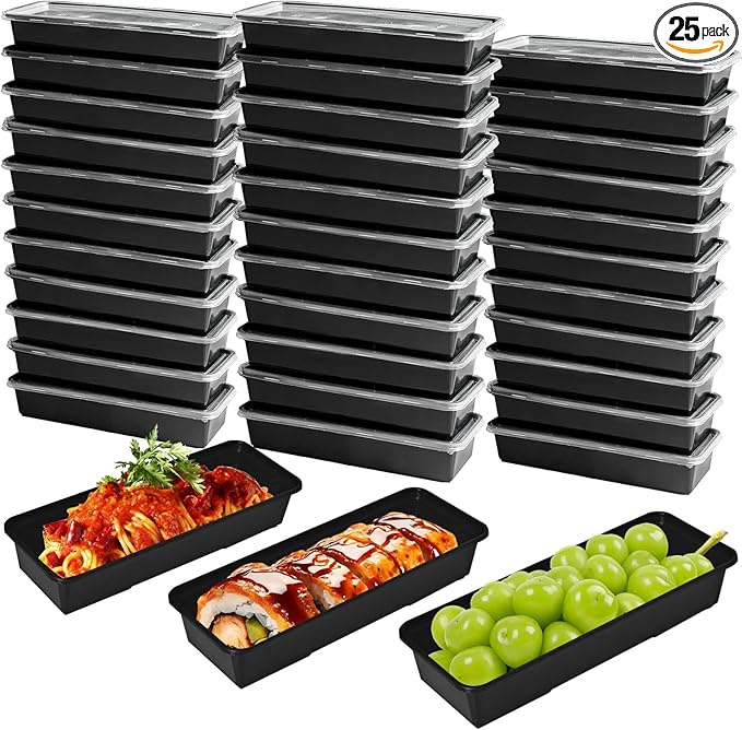 Disposable Food Storage Containers with Lids Meal Prep Compartment To Go Take Out Plastic Black, Sturdy Leakproof Food Safe, Microwave Freezer Dishwasher Safe (25, 1 compartment)