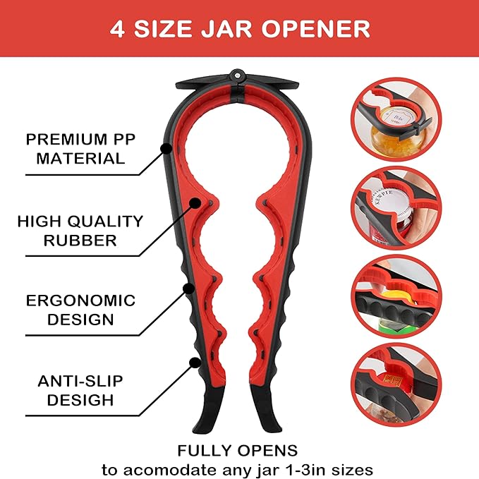 Jar Opener for Weak Hands, Seniors with Arthritis, 5 in 1 Multi Function Bottle Opener Lid Opener For Arthritic Hands with Non Slip Rubber Jar opener Gripper Pad and Corkscrew Wine Opener(RED)