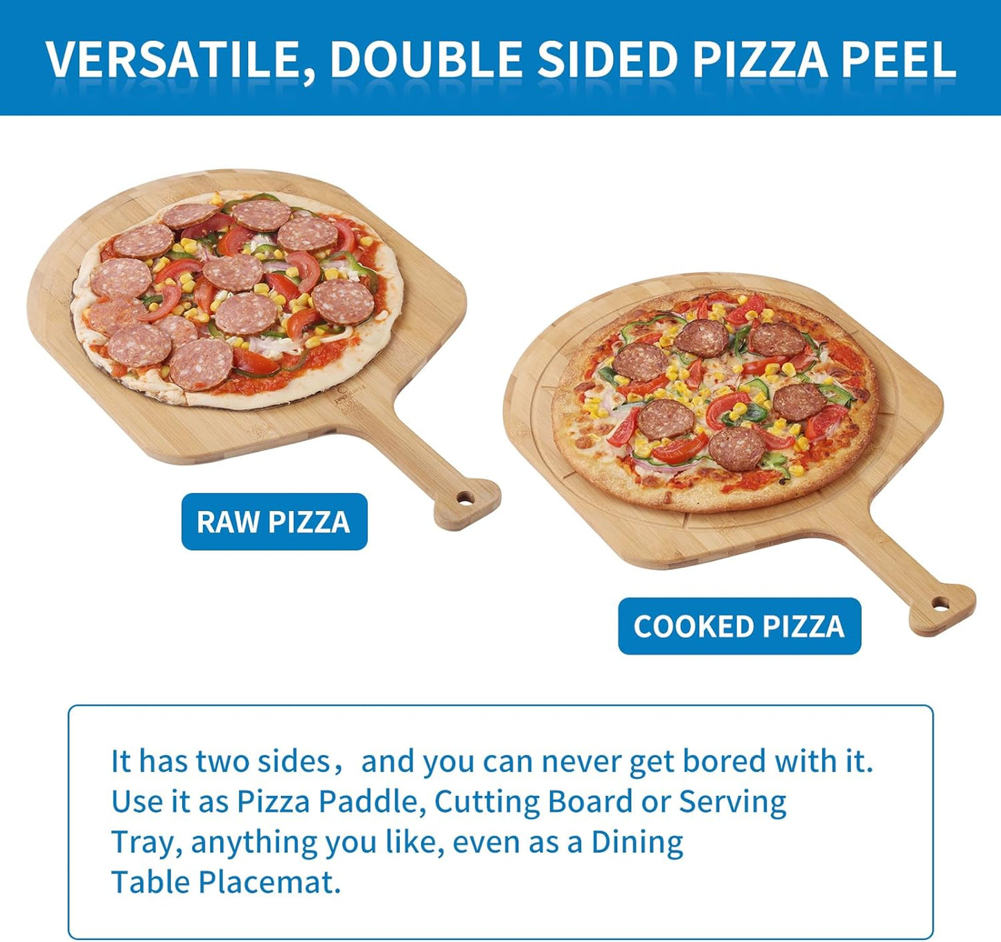 14” Bamboo Pizza Peel - Lightweight Smooth Wooden Pizza Paddle and Pizza Cutting Board with 8 Slice Grooves, Outdoor Pizza Oven Accessories, 21.6 Inch x 14 Inch