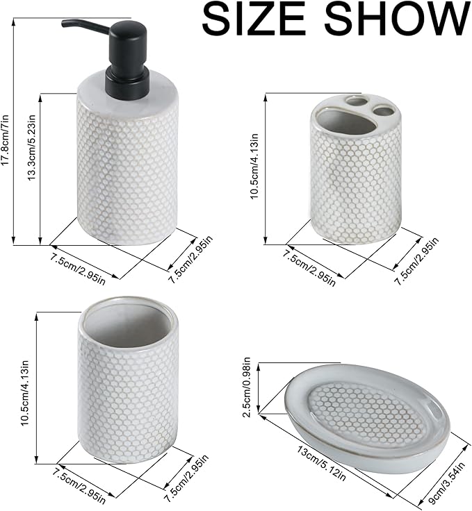 Bathroom Accessory Set-4 Pcs Complete, Honeycomb Pattern Ceramic Bathroom Accessories Gift Set Toothbrush Holder, Toothbrush Cup, Soap Dish, Soap Dispenser