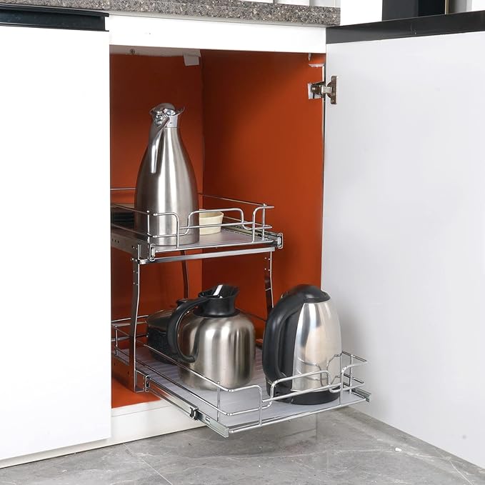 VEVOR Pull Out Cabinet Organizer, 14"Wx21"D Heavy 2 Tier Duty Slide Out Pantry Shelves, Chrome-Plated Steel Roll Out Drawer for Under Sink, 15.5"Wx22"D Install Size for Cabinet