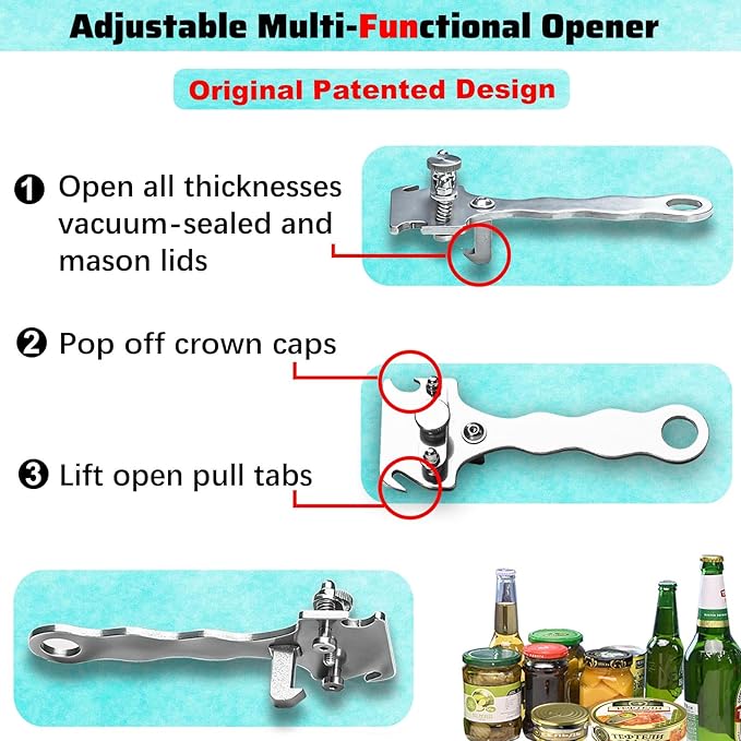 Adjustable Jar Opener Multi-Function Vacuum Can Key Lid & Bottle Cap Opener Tool for Seniors Mason Jar Openers No Lid Dents or Damage - All Stainless Steel Thickened Material, Made For Lifetime