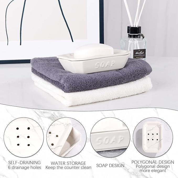 Soap Dish, Ceramic Self-draining Soap Holder, Double Layer Bar Soap Holder with Drain, Soap Dishes for Bathroom Shower Kitchen, Easy to Clean Keep Soap Dry, Off-white with Marble Pattern, ANTIS'S HOME