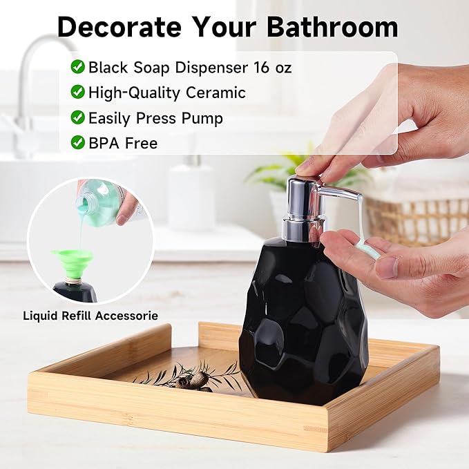Ceramic Bathroom Accessories Set 4 PCS,Modern Bathroom Accessory Set,Include Toothbrush Holder,Soap Dispenser, Vanity Tray,Tumbler,Bathroom Sets Decor Organizer with Soap Dish,Apothecary Jar (Black)
