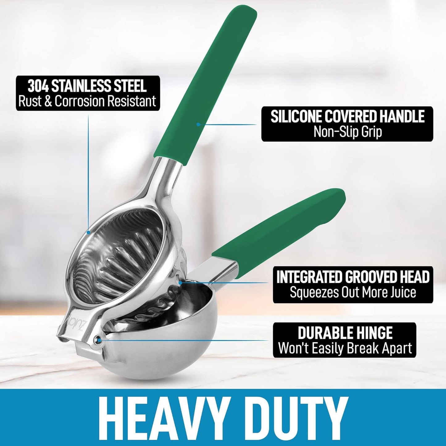 Zulay Lemon Squeezer Stainless Steel with Premium Heavy Duty Solid Metal Squeezer Bowl and Food Grade Silicone Handles - Large Manual Citrus Press Juicer and Lime Squeezer Stainless Steel (Green)