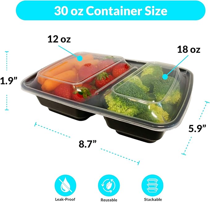 Reli. Meal Prep Containers, 30 oz. (50 Pack) - Black 2 Compartment Food Containers with Lids, Microwavable Food Storage Containers - Black Reusable Bento Box/Lunch Box Containers for Meal Prep (30 oz)