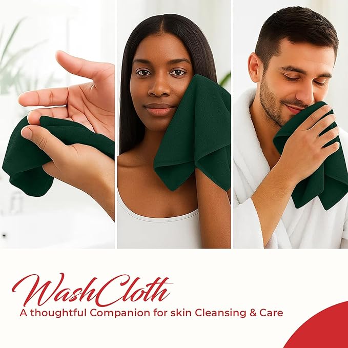 RIVERSIDE 24 Pack Washcloths Set - 100% Cotton [12x12 Inches] - Soft, Quick-Dry & Highly Absorbent Face Towels - Perfect for Bathroom, Gym, Hotel, Spa & Travel - Hunter Green