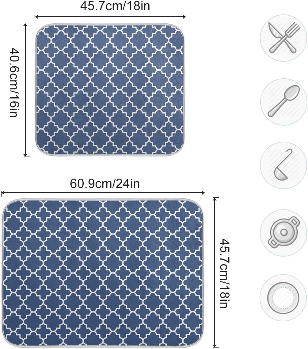 Super Absorbent Dish Drying Mat Microfiber Fast-Drying Dish Mat 24" x 18" Kitchen Dish Drying Pad Watercolor Cute Navy Blue Moroccan Mandala