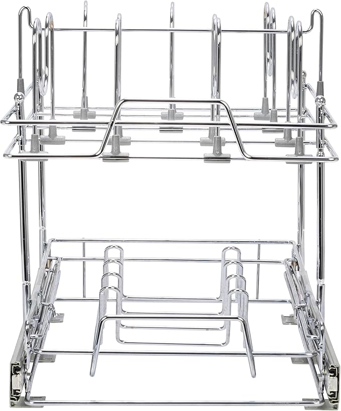 Household Essentials Glidez Multipurpose Chrome-Plated Steel Pull-Out/Slide-Out Basket Storage Organizer for Pots and Lids - 2-Tier Dual-Slide Design - Fits Standard Size Cabinet or Shelf, Chrome