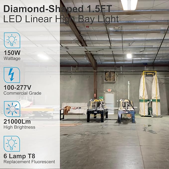 Lightdot 1.5FT LED High Bay Shop Lights, 100-277V 【Driver Equipped, 5 Years】 150W 21000LM [Eqv. 600W MH/HPS] 5000K Diamond Diffusion Linear Hanging Light for Warehouse -ETL Listed, 8Pack