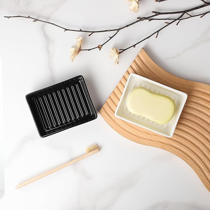 White Rectangle Soap Dish - Modern Ceramic Hand Soap Holder Non-Slip Bar Soap Holder Soap Tray for Bathroom, Kitchen Sink, Shower, Countertop, Easy to Clean