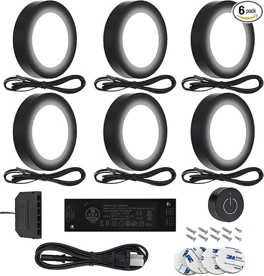 VST Under Cabinet Lighting 12V 2W(12W Total, 60W Equivalent) with Wireless Dimmer Switch, Recessed or Surface Mount Wired Puck Light for Kitchen,Wardrobe, Showcase Display 6 Pack Black 4000K…