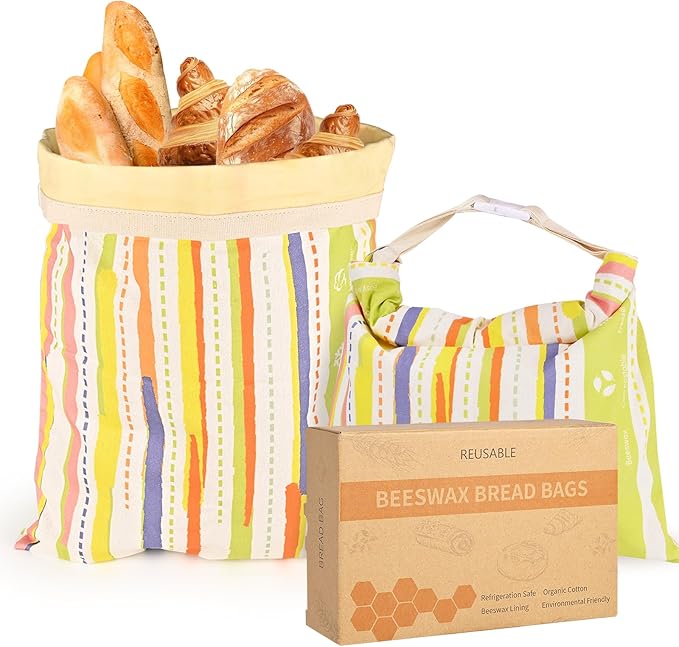 XL Beeswax Bread Bag 2-Pack for Sourdough & Homemade Bread | Reusable Cotton Linen Food Storage with Natural Beeswax Lining | Keeps Fresh, Easy to Clean (17x13 Inches)