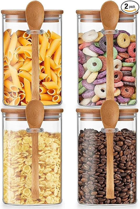 Unbreakable Glass Jars with Airtight Bamboo Lid and Spoon, 4Pcs 49OZ Glass Kitchen Canisters, Overnight Oats Containers, Glass Food Storage Containers for Coffee Beans, Flour, Sugar, Cookie,Pasta