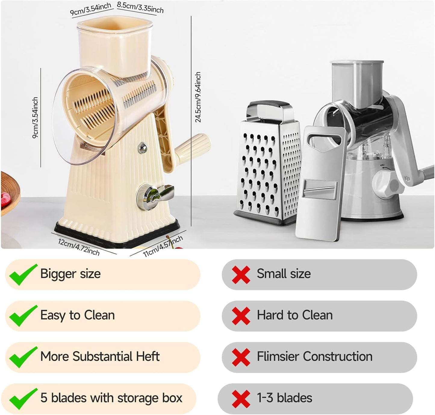 RotaryCheese Grater,VegetableShredder 5 in 1 Cheese Grater with HandleedderReinforcedSuction,EasytoClean,KitchenChopperforCrushedIce,Fruits and Nuts with Blade Storage Case（White