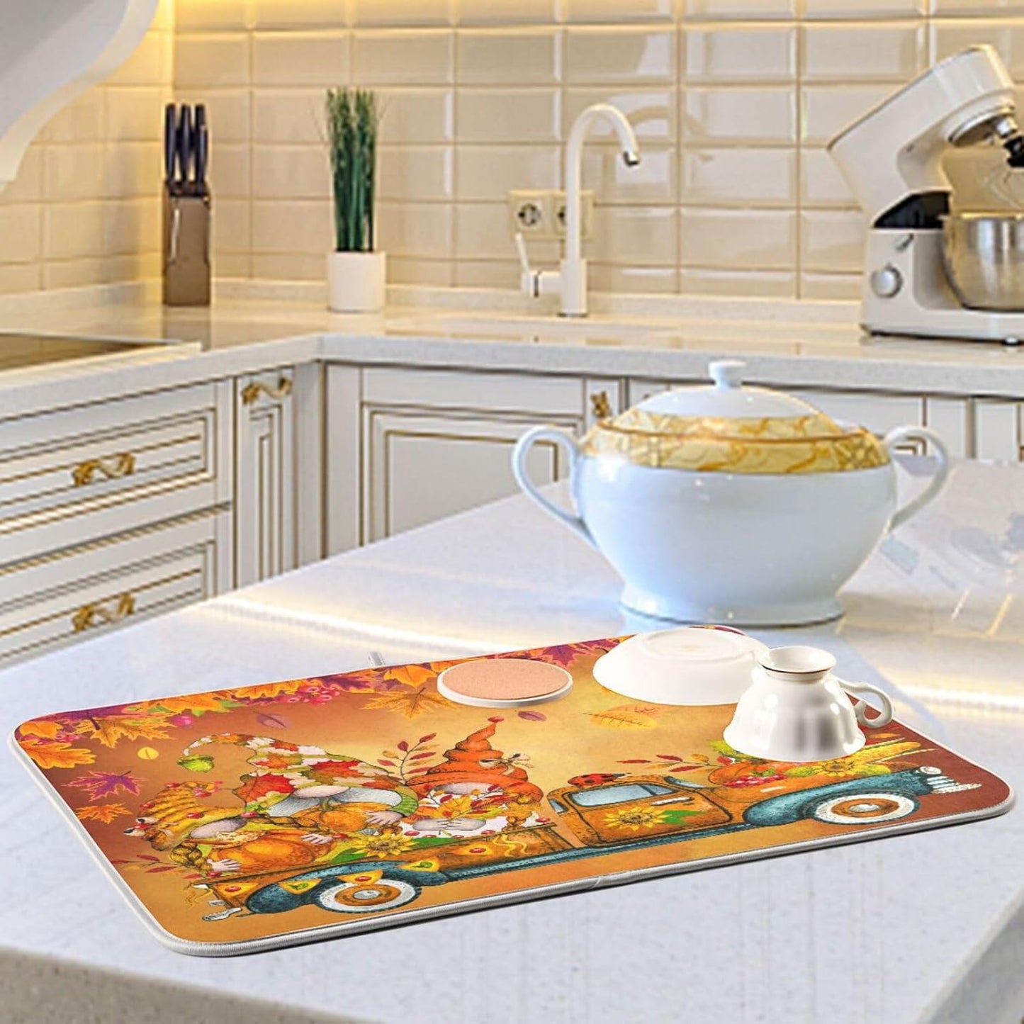 Thanksgiving Gnome Truck Autumn Dish Drying Mat for Kitchen Counter Absorbent Microfiber Drying Pad, Large 18x24 in, Maple Leaves Reversible Drainer Mats
