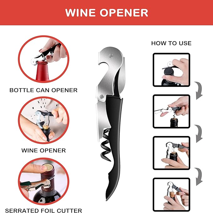 Jar Opener for Weak Hands, Seniors with Arthritis, 5 in 1 Multi Function Bottle Opener Lid Opener For Arthritic Hands with Non Slip Rubber Jar opener Gripper Pad and Corkscrew Wine Opener(RED)