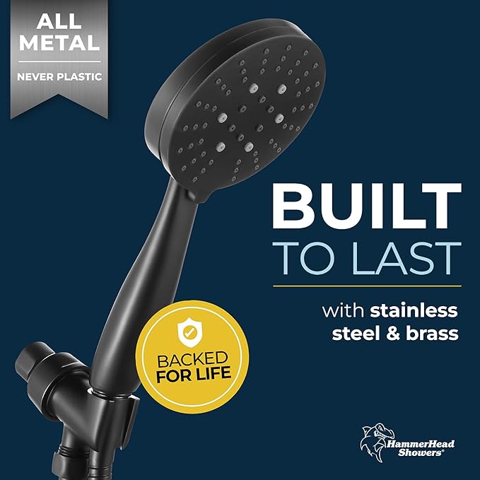 HammerHead Showers® Solid Metal 3-Spray Handheld Shower Head with Long Hose and Holder - MATTE BLACK - WIDE, MASSAGE, and MIST Sprays - 1.8 GPM Low Flow Handheld Showerhead - Water Saving Shower Head