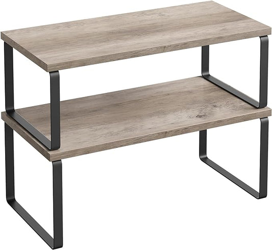 SONGMICS Cabinet Organizer Shelf, Set of 2 Kitchen Counter Shelves, Kitchen Storage, Spice Rack, Stackable, Expandable, Metal and Engineered Wood, Ink Black and Heather Greige UKCS200X02