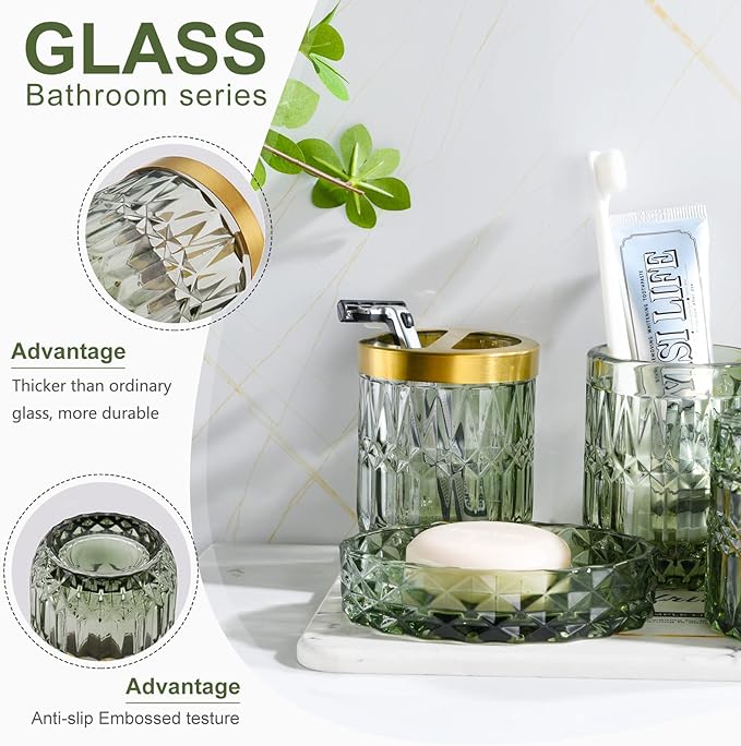 Green Bathroom Accessories Set, 5Pcs Clear Glass Bathroom Accessories, Hand Soap Dispenser, Soap Dish, Toothbrush Holder Set, Tumbler, Qtips Holder for Modern Crystal Bath Countertop Decor