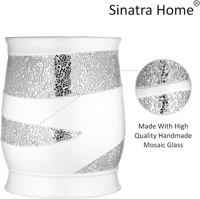 Zahari Home 2pc Sinatra White Modern Bath Accessories Set Waste Basket & Tissue Box Modern Decorative Beautiful Designs Bathroom Decor Set for Home Luxury Bath Set Mosaic Glass