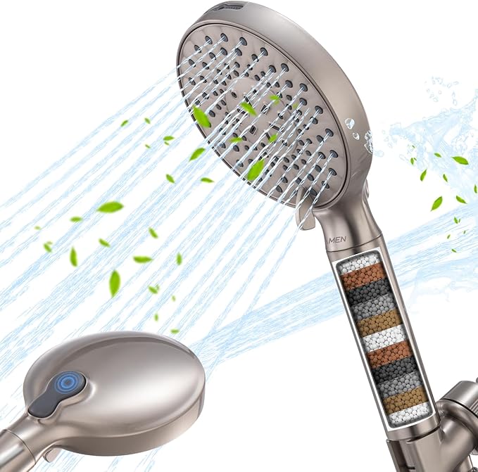 Ryamen Filtered Shower Head with Handheld, High Pressure 9-Spray Modes Detachable Shower Head with Filter for Hard Water-Remove Chlorine & Impurities, Improve Skin & Hair Health, Brushed Nickel