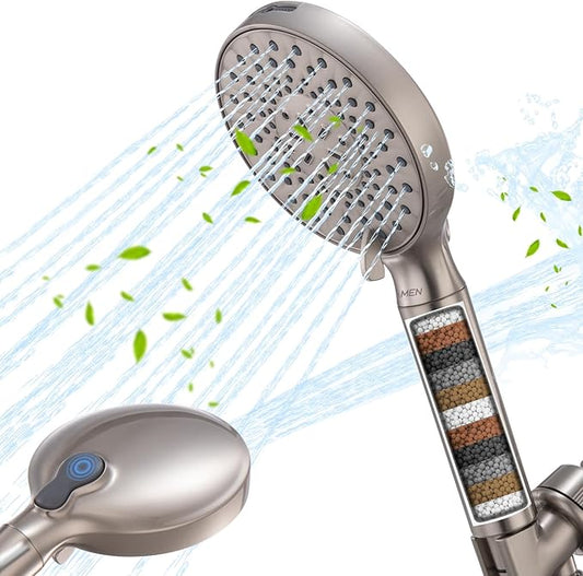 Ryamen Filtered Shower Head with Handheld, High Pressure 9-Spray Modes Detachable Shower Head with Filter for Hard Water-Remove Chlorine & Impurities, Improve Skin & Hair Health, Brushed Nickel