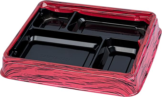 Restaurantware Bento Tek 15.2 Ounce Meal Prep Containers, 100 Disposable To Go Food Boxes - Lids Sold Separately, 4 Compartments, Red And Black Plastic Bento Lunch Boxes, Freezable, For Take Out