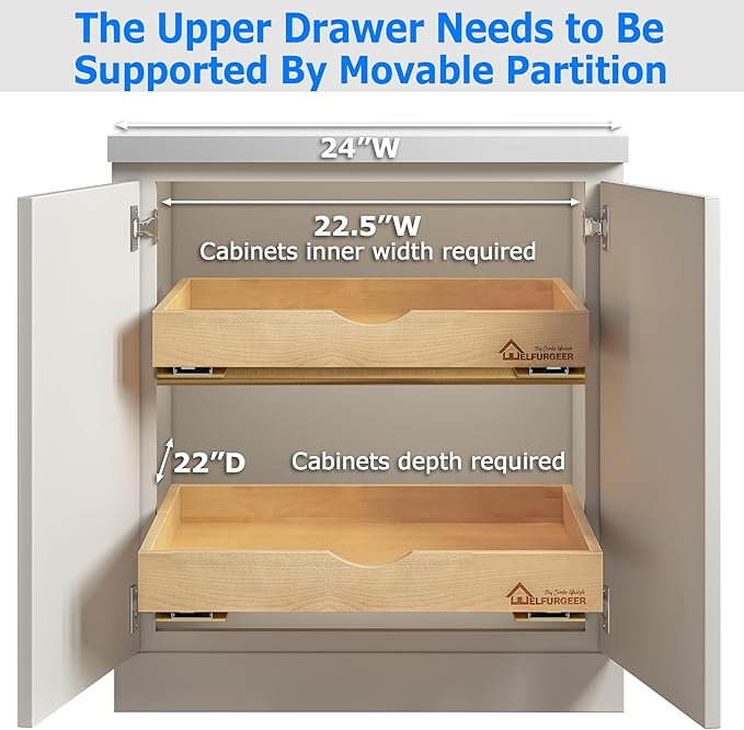 WelFurGeer Pull Out Drawers for Kitchen Cabinets, Cabinet Organizer, Pot and Pan Organizer Cabinet, Slide Drawer (20''W) B24 (20''W x21''D)