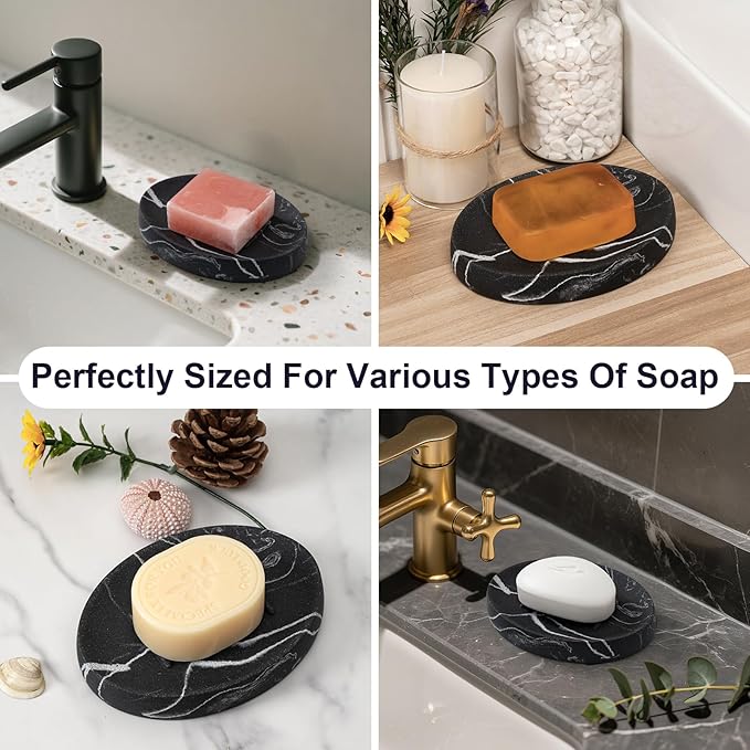Soap Dish Bathroom Resin Marble Look Bar Soap Holder for Shower Soap Tray for Kitchen Sink(Marble Black)