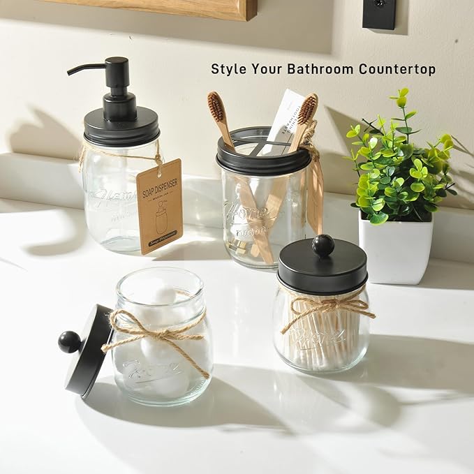 SheeChung Mason Jars Floating Shelves Set for Bathroom - 16oz Soap Dispenser, Toothbrush Holder, 2Pcs Qtip Holders, Paper Storage, Wall Mounted Farmhouse Decor, Artificial Plant, Decor Sign-Brown