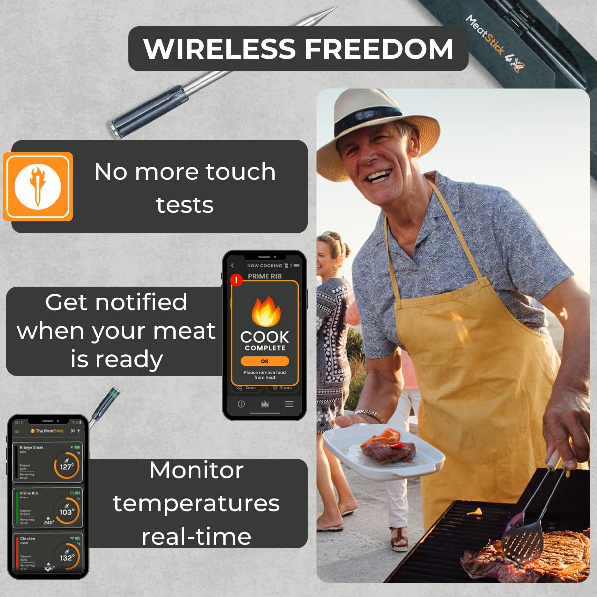 MeatStick 4X Wireless Meat Thermometer for Grilling and Smoking, Bluetooth Temperature Probe with 4 Sensors, 650ft+ Range for BBQ, Smoker, Oven