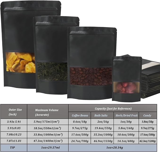 100 PCS Resealable Stand Up Kraft Paper Bags With Matte Window, Zipper Lock Food Storage for Small Business and Home, 3.93 * 5.91 Inches Reusable Sealable Packaging - Black