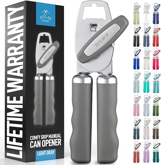 Zulay Kitchen Heavy Duty Stainless Steel Can Opener Manual with Bottle Opener - Rust Proof Manual Can Opener With Turn Knob & Comfy Soft Grip Handles - Light Gray