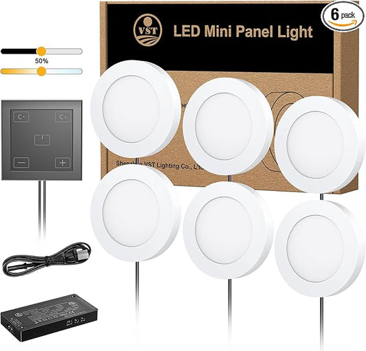 VST Under Cabinet Lights CCT 3000K-6000K, Puck Lights Color Temperature and Brightness Adjustable with Touch Switch and ETL Listed Led Driver, Plug in Led Light for Kitchen Under Cabinet Wardrobe