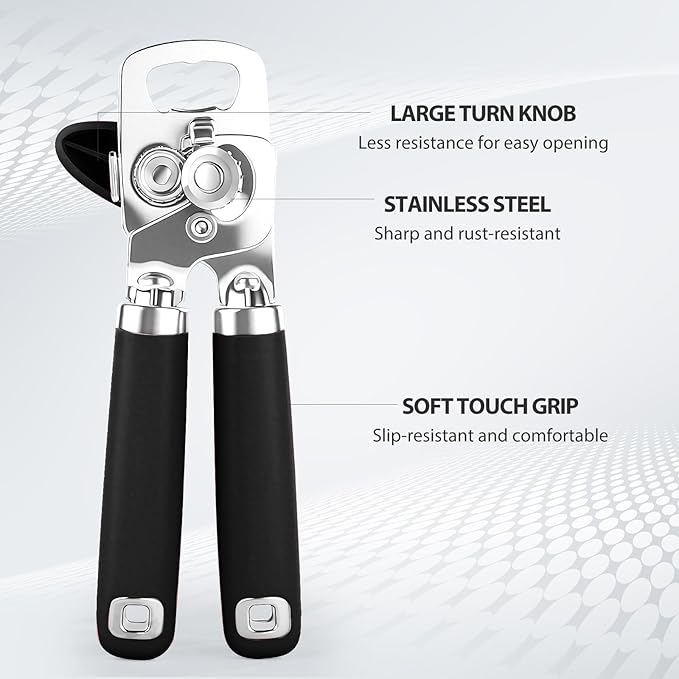 Can Opener Manual, Heavy Duty Stainless Steel Smooth Edge Can Opener With Soft Touch Handle, Oversized Handheld Easy Turn Knob, Multi-Function Bottle Opener, Black