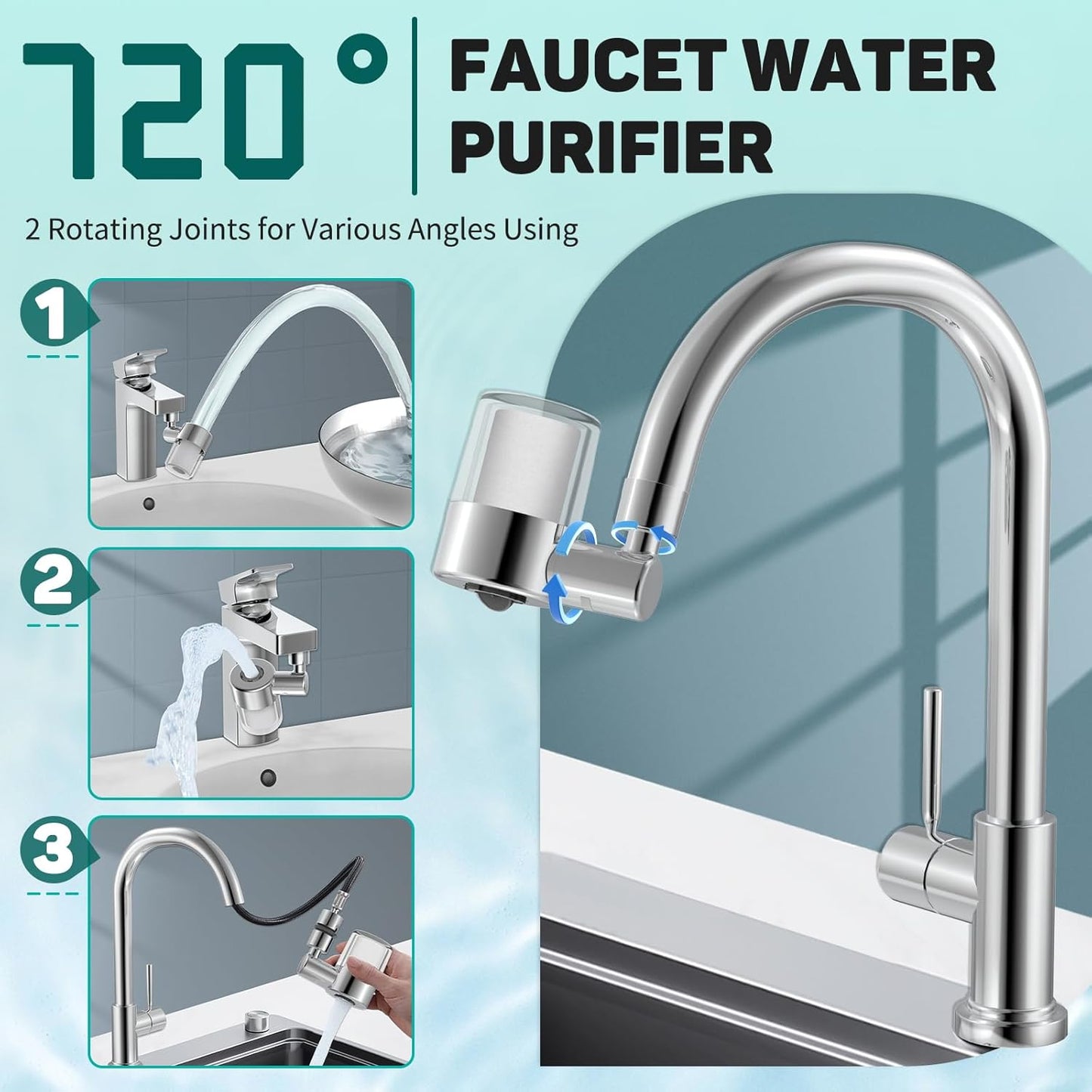 CECEFIN Swivel Water-Filter for Sink-Faucet - Faucet Mount Water Filtration System, Carbon Purifier Reduces 99% Chlorine, Last 528 Gallons Tap Water, Fits Most Pull Out Kitchen/Bathroom/RV Faucets