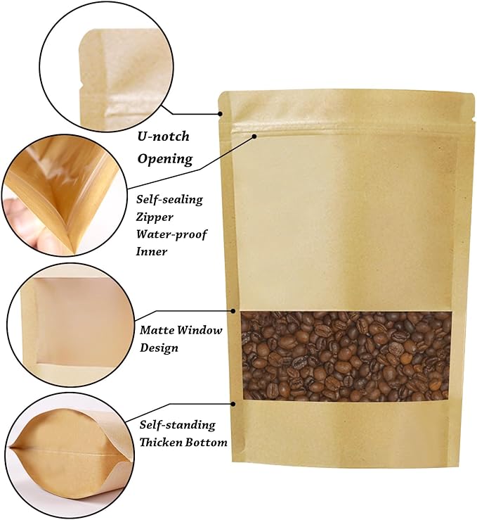 100 PCS Resealable Bags, Stand Up Kraft Paper Bags with Matte Window, Zipper Lock Food Storage Bags for Small Business and Home, 5.51 * 8.66 Inch Reusable Sealable Bags for Packaging